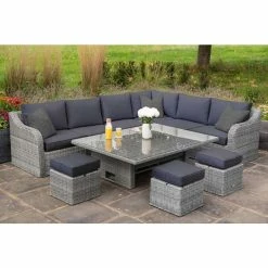 'Peony' Luxury Rattan 9 Seater Garden Sofa Set with Rectangular Rising Table and Footstools in Pebble by Primrose Living -Rattan Garden Furniture Shop 9 Seater Rectangular Rising Table Footstools 5 8653