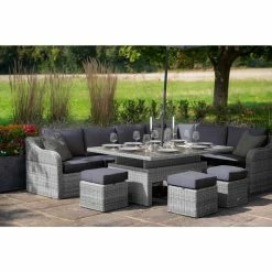 'Peony' Luxury Rattan 9 Seater Garden Sofa Set with Rectangular Rising Table and Footstools in Pebble by Primrose Living -Rattan Garden Furniture Shop 9 Seater Rectangular Rising Table Footstools 9 1517