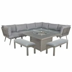 Lifestyle Metal 10 Seater Garden Corner Sofa Dining Set with Square Fire Pit Table by Primrose Living