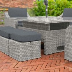 'Peony' Luxury Rattan 8 Seater Garden Sofa Set with Rectangular Rising Table and Parasol in Pebble by Primrose Living -Rattan Garden Furniture Shop FU102232 PRI1296 Primrose Furniture Un Cropped 64 FU102232copy 5ddb