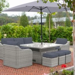 'Peony' Luxury Rattan 8 Seater Garden Sofa Set with Rectangular Rising Table and Parasol in Pebble by Primrose Living -Rattan Garden Furniture Shop FU102232 PRI1296 Primrose Furniture Un Cropped 67 FU102232copy dde7