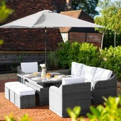 'Peony' Luxury Rattan 8 Seater Modular Garden Sofa Set with Rectangular Rising Table and Parasol in Stone by Primrose Living -Rattan Garden Furniture Shop FU102257 3 c741