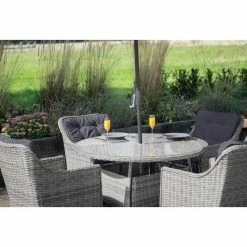 Luxury Rattan 4 Seater Circular Garden Dining Set in Pebble by Primrose Living -Rattan Garden Furniture Shop FU102386 Light Grey FullSetClose 0e6f