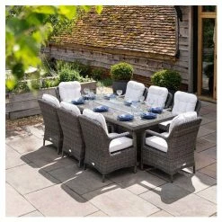 Luxury Rattan 8 Seater Rectangular Fire Pit Table Garden Dining set in Stone by Primrose Living -Rattan Garden Furniture Shop FU102398 2 023e