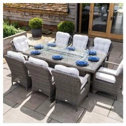 Luxury Rattan 8 Seater Rectangular Fire Pit Table Garden Dining set in Stone by Primrose Living
