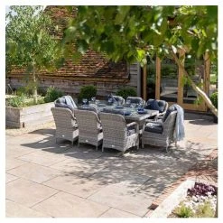 Luxury Rattan 8 Seater Rectangular Fire Pit Garden Dining Set in Pebble by Primrose Living -Rattan Garden Furniture Shop FU102399 5 3443