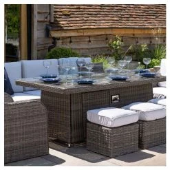 'Peony' Luxury Rattan 8 Seater Garden Sofa Set with Rectangular Fire Pit Table and Stools in Stone by Primrose Living -Rattan Garden Furniture Shop FU102401 2 f173