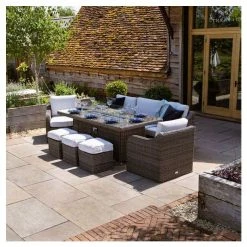 'Peony' Luxury Rattan 8 Seater Garden Sofa Set with Rectangular Fire Pit Table and Stools in Stone by Primrose Living -Rattan Garden Furniture Shop FU102401 5 1dd1
