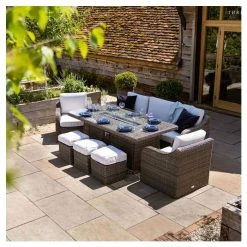 'Peony' Luxury Rattan 8 Seater Garden Sofa Set with Rectangular Fire Pit Table and Stools in Stone by Primrose Living -Rattan Garden Furniture Shop FU102401 6 4584