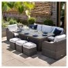 'Peony' Luxury Rattan 8 Seater Garden Sofa Set with Rectangular Fire Pit Table and Stools in Stone by Primrose Living -Rattan Garden Furniture Shop FU102401 Main f02e