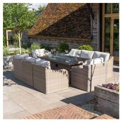 'Peony' Luxury Rattan 8 Seater Garden Sofa Set with Rectangular Fire Pit Table by Primrose Living