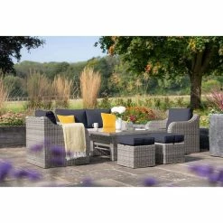 'Peony' Luxury Rattan 6 Seater Garden Sofa Set with Square Rising Table and Parasol in Pebble by Primrose Living -Rattan Garden Furniture Shop FU102416 Light Grey FullSetFlower 11cf