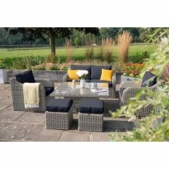 'Peony' Luxury Rattan 6 Seater Garden Sofa Set with Square Rising Table and Parasol in Pebble by Primrose Living -Rattan Garden Furniture Shop FU102416 Light Grey FullSetTreeNoPara b906