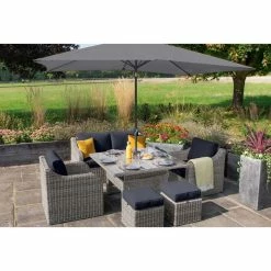 'Peony' Luxury Rattan 6 Seater Garden Sofa Set with Square Rising Table and Parasol in Pebble by Primrose Living