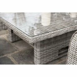 'Peony' Luxury Rattan 6 Seater Garden Sofa Set with Square Rising Table and Parasol in Pebble by Primrose Living -Rattan Garden Furniture Shop FU102416 Light Grey TableClose 52a1