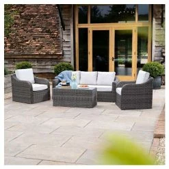 'Peony' Luxury Rattan 5 Seater Garden Sofa Set with Coffee Table in Stone by Primrose Living