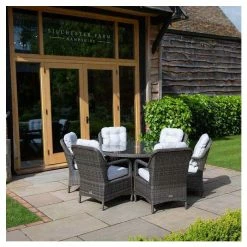 Classic Rattan 6 Seater Circular Garden Dining Set with Parasol in Stone by Primrose Living -Rattan Garden Furniture Shop FU102446 2 f34d