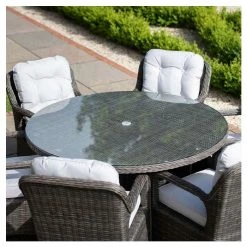 Classic Rattan 6 Seater Circular Garden Dining Set with Parasol in Stone by Primrose Living -Rattan Garden Furniture Shop FU102446 3 d7ca