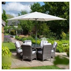 Classic Rattan 6 Seater Circular Garden Dining Set with Parasol in Stone by Primrose Living -Rattan Garden Furniture Shop FU102446 5 c46d