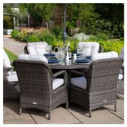 Classic Rattan 6 Seater Circular Garden Dining Set with Parasol in Stone by Primrose Living -Rattan Garden Furniture Shop FU102446 7 c092