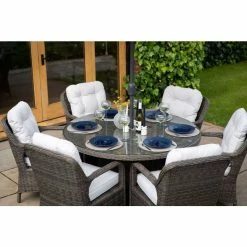 Classic Rattan 6 Seater Circular Garden Dining Set with Parasol in Stone by Primrose Living