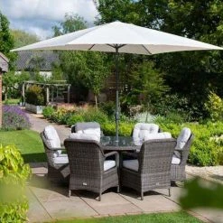 Classic Rattan 6 Seater Circular Garden Dining Set with Parasol in Stone by Primrose Living -Rattan Garden Furniture Shop FU102446 main 3871