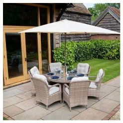 Classic Rattan 6 Seater Circular Garden Dining Set with Parasol by Primrose Living -Rattan Garden Furniture Shop FU102447 13c1