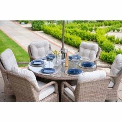 Classic Rattan 6 Seater Circular Garden Dining Set with Parasol by Primrose Living