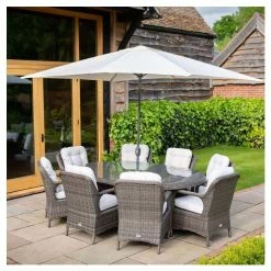 Classic Rattan 8 Seater Oval Garden Dining Set with Parasol in Stone by Primrose Living -Rattan Garden Furniture Shop FU102448 1 4d4c