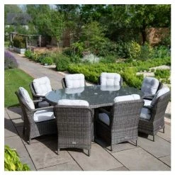 Classic Rattan 8 Seater Oval Garden Dining Set with Parasol in Stone by Primrose Living -Rattan Garden Furniture Shop FU102448 1 2 e760