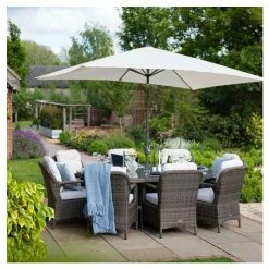 Classic Rattan 8 Seater Oval Garden Dining Set with Parasol in Stone by Primrose Living -Rattan Garden Furniture Shop FU102448 2ed1