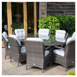 Classic Rattan 8 Seater Oval Garden Dining Set with Parasol in Stone by Primrose Living -Rattan Garden Furniture Shop FU102448 3 d1a2