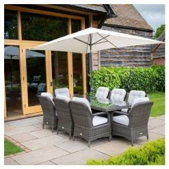 Classic Rattan 8 Seater Rectangular Garden Dining Set with Parasol in Stone by Primrose Living -Rattan Garden Furniture Shop FU102450 1a4e