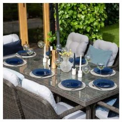Classic Rattan 8 Seater Rectangular Garden Dining Set with Parasol in Stone by Primrose Living -Rattan Garden Furniture Shop FU102450 2 2 ff45