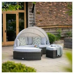 Classic Rattan Modular Daybed Sofa Set with Retractable Canopy in Stone by Primrose Living -Rattan Garden Furniture Shop FU102452 1 79ef