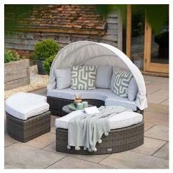 Classic Rattan Modular Daybed Sofa Set with Retractable Canopy in Stone by Primrose Living -Rattan Garden Furniture Shop FU102452 8 164a