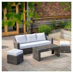Classic Rattan 5 Seater Garden Sofa Set with Coffee Table and Footstools in Stone by Primrose Living -Rattan Garden Furniture Shop FU102454 2 52cd