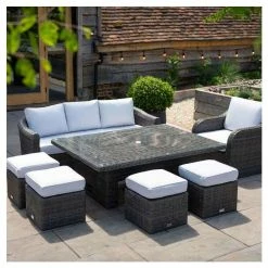 Classic Rattan 8 Seater Garden Sofa Set with Rectangular Rising Table and Parasol in Stone by Primrose Living -Rattan Garden Furniture Shop FU102460 5 79e6