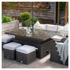 Classic Rattan 8 Seater Garden Sofa Set with Rectangular Rising Table and Parasol in Stone by Primrose Living -Rattan Garden Furniture Shop FU102460 9f7b