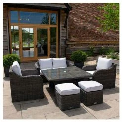 Classic Rattan 6 Seater Garden Sofa Set with Square Rising Table and Parasol in Stone by Primrose Living -Rattan Garden Furniture Shop FU102462 1 9067