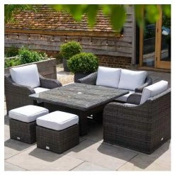 Classic Rattan 6 Seater Garden Sofa Set with Square Rising Table and Parasol in Stone by Primrose Living -Rattan Garden Furniture Shop FU102462 1 2 08db