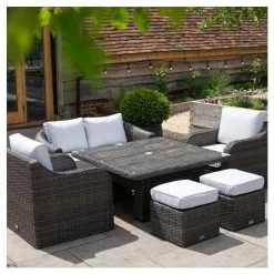 Classic Rattan 6 Seater Garden Sofa Set with Square Rising Table and Parasol in Stone by Primrose Living -Rattan Garden Furniture Shop FU102462 7c19