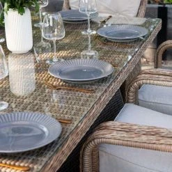 Luxury Rattan 8 Seater Rectangular Garden Dining Set with Parasol by Primrose Living -Rattan Garden Furniture Shop Natural FU102221 3 TableClose e6b4