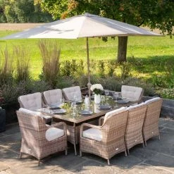 Luxury Rattan 8 Seater Rectangular Garden Dining Set with Parasol by Primrose Living