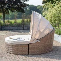 'Peony' Luxury Rattan Modular Daybed Sofa Set with Retractable Canopy by Primrose Living -Rattan Garden Furniture Shop Natural FU102222 3 DaybedSide 75d6