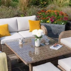 'Peony' Luxury Rattan 6 Seater Modular Garden Sofa Set with Square Rising Table and Parasol by Primrose Living -Rattan Garden Furniture Shop Natural FU102230 1 Table 500c