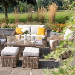 'Peony' Luxury Rattan 6 Seater Modular Garden Sofa Set with Square Rising Table and Parasol by Primrose Living -Rattan Garden Furniture Shop Natural FU102230 8 FullSetCloseFlower 56b2