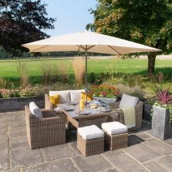 'Peony' Luxury Rattan 6 Seater Modular Garden Sofa Set with Square Rising Table and Parasol by Primrose Living -Rattan Garden Furniture Shop Natural FU102230 9 FullSet 677c