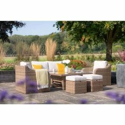 'Peony' Luxury Rattan 6 Seater Modular Garden Sofa Set with Square Rising Table and Parasol by Primrose Living -Rattan Garden Furniture Shop Natural FU102230 FullSetFlowerNoPara e12e