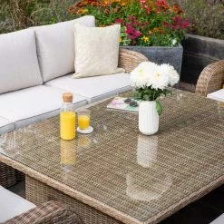 'Peony' Luxury Rattan 8 Seater Modular Garden Sofa Set with Rising Table and Parasol by Primrose Living -Rattan Garden Furniture Shop Natural FU102233 1 TableClose a8bc